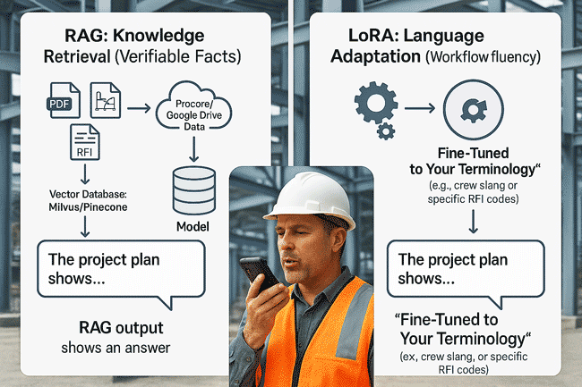 RAG retrieves specs, LoRA adjusts tone and language and construction employee talks to the AI requesting necessary information