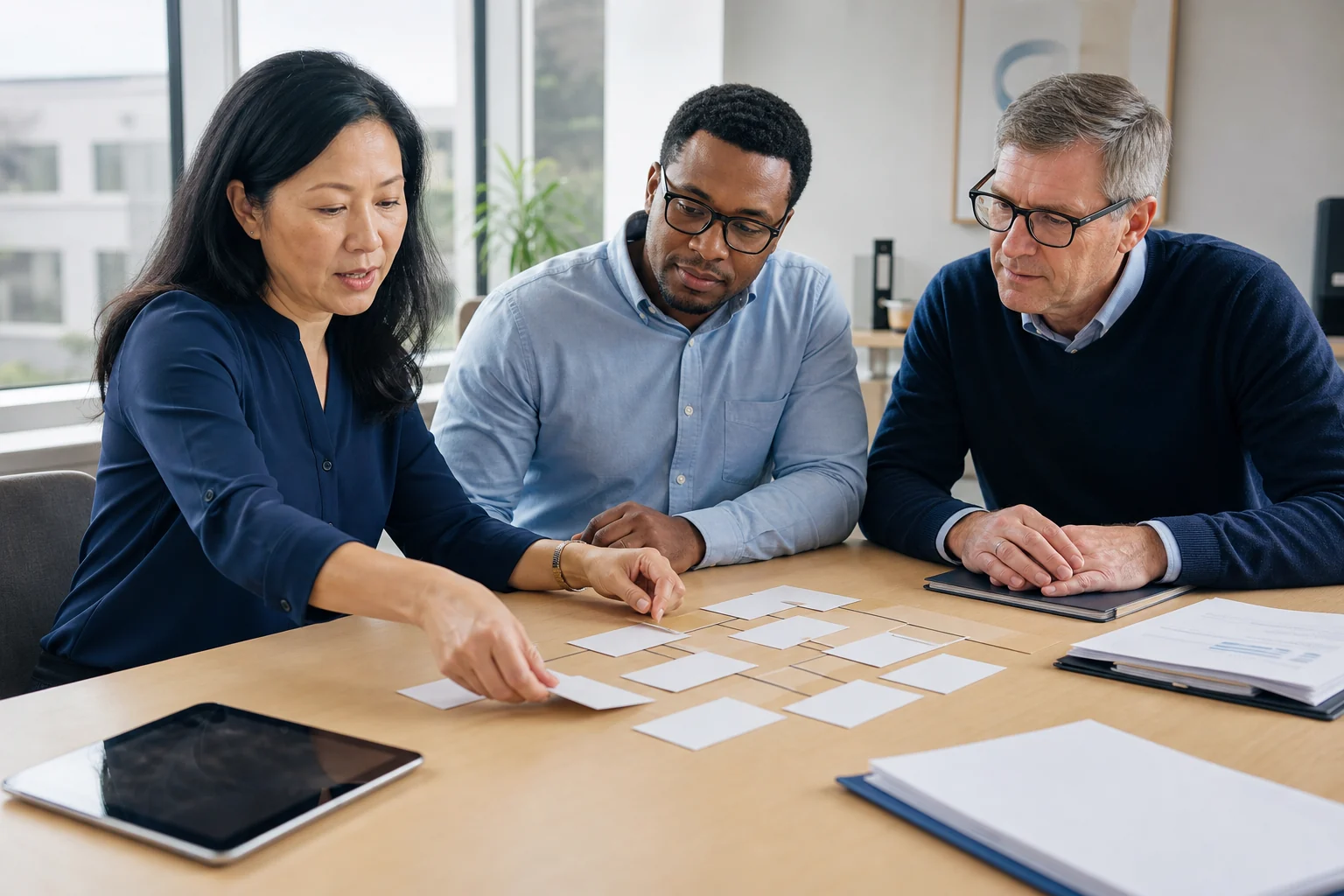 Three operations and software professionals review a workflow together at a table.