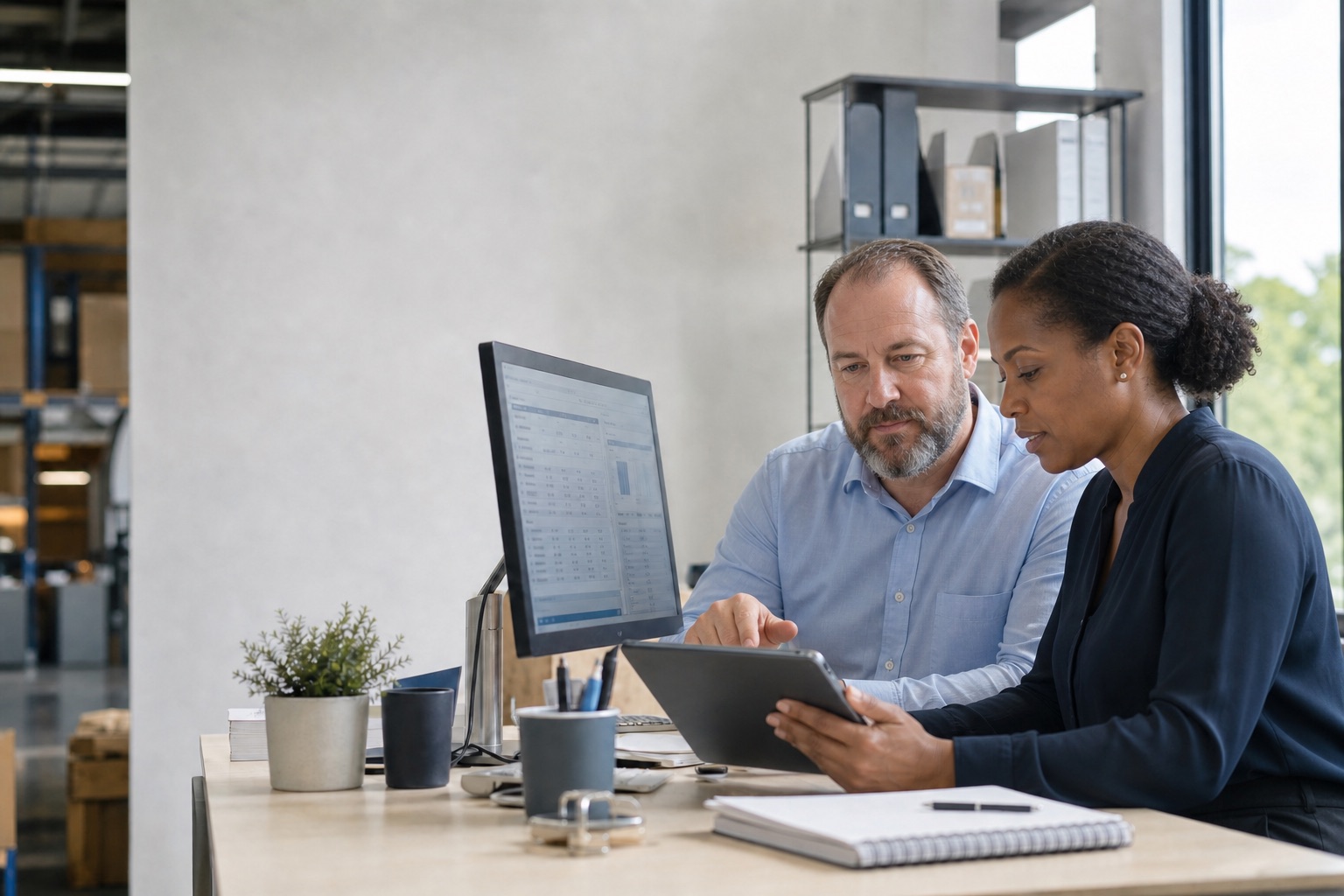 Business owner and employee reviewing business software and a workflow together.