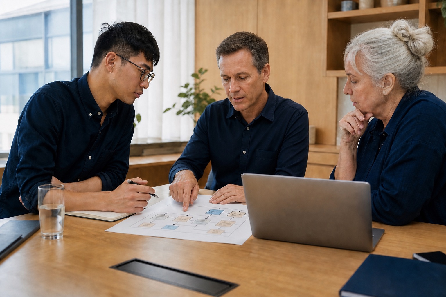 A business and operations team reviews a workflow map before choosing how to improve its software.