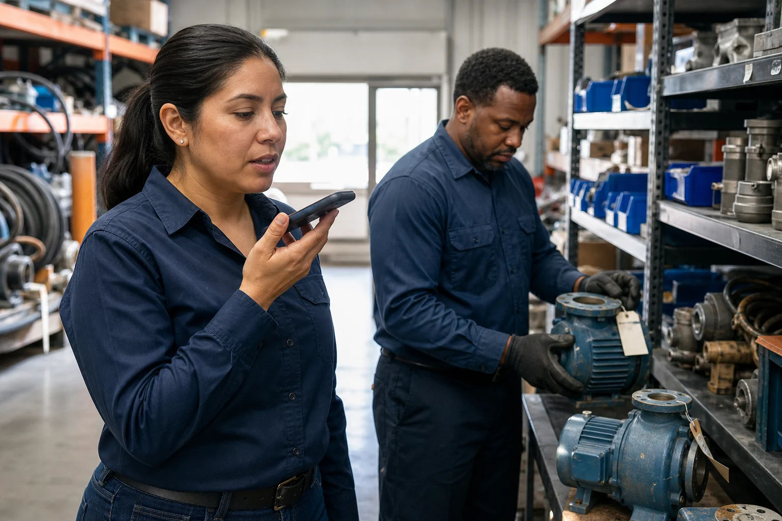 A field supervisor speaks a request into a phone while a warehouse technician checks tagged pumps.