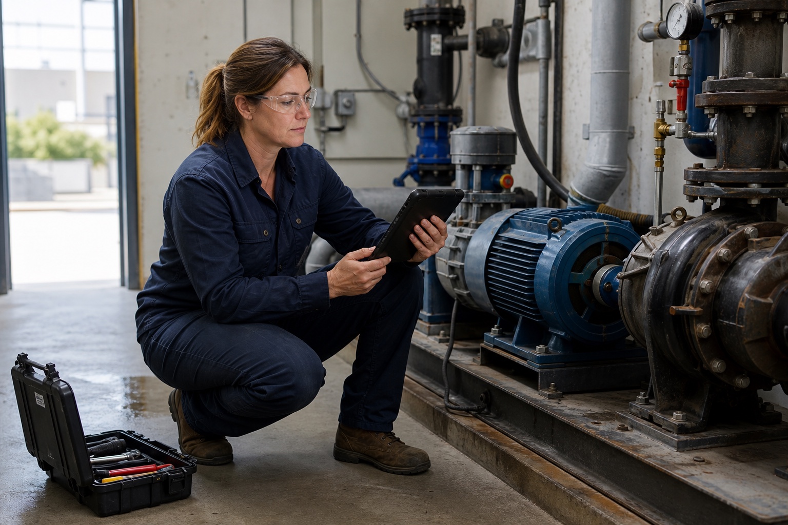 White female field-service technician checking a commercial pump and motor with a mobile device.