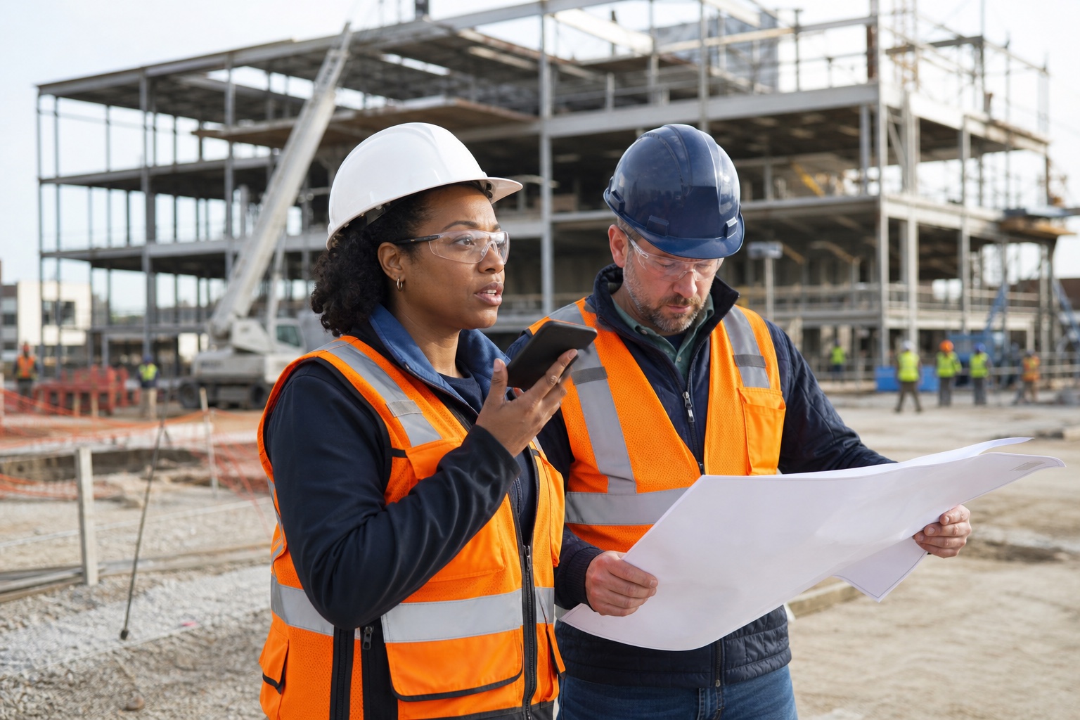 Construction superintendent recording a field request while a project engineer checks plans nearby.