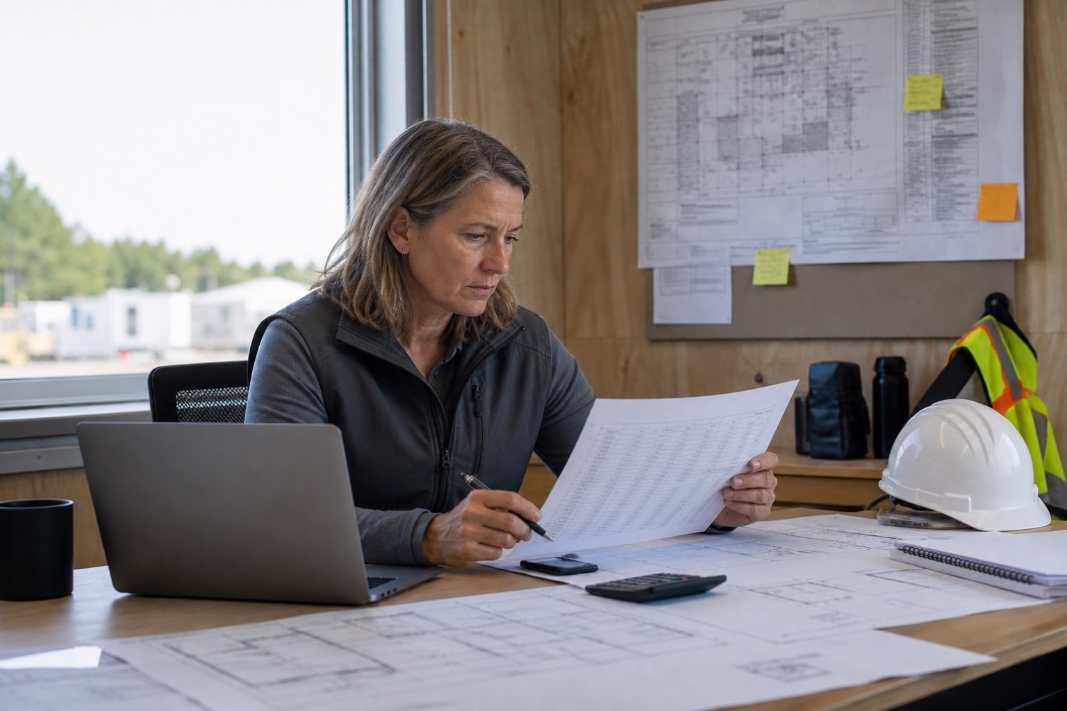 Construction estimator reviewing a revised material schedule beside project plans and a laptop.