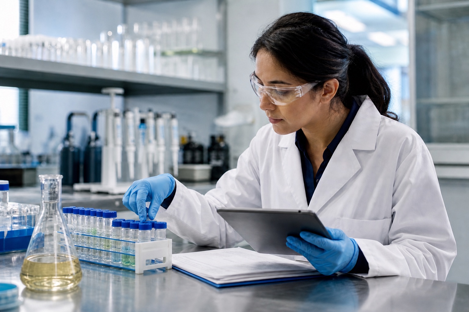 Laboratory technician checking sample vials against a paper record and tablet.
