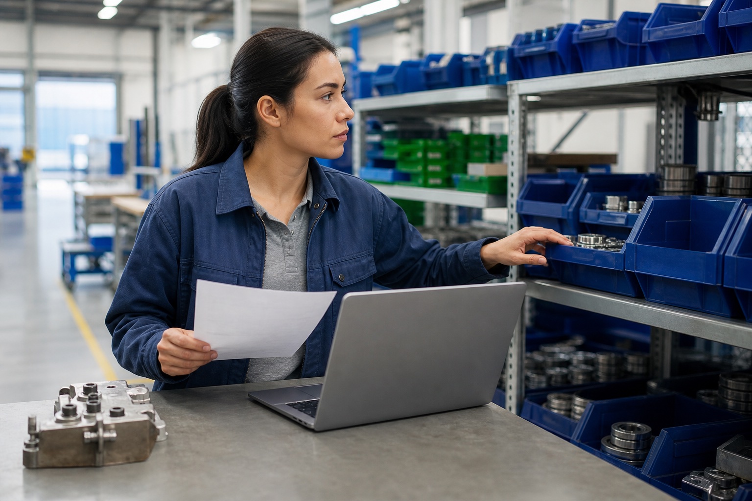 Manufacturing coordinator checking a work order against parts stored in warehouse bins.