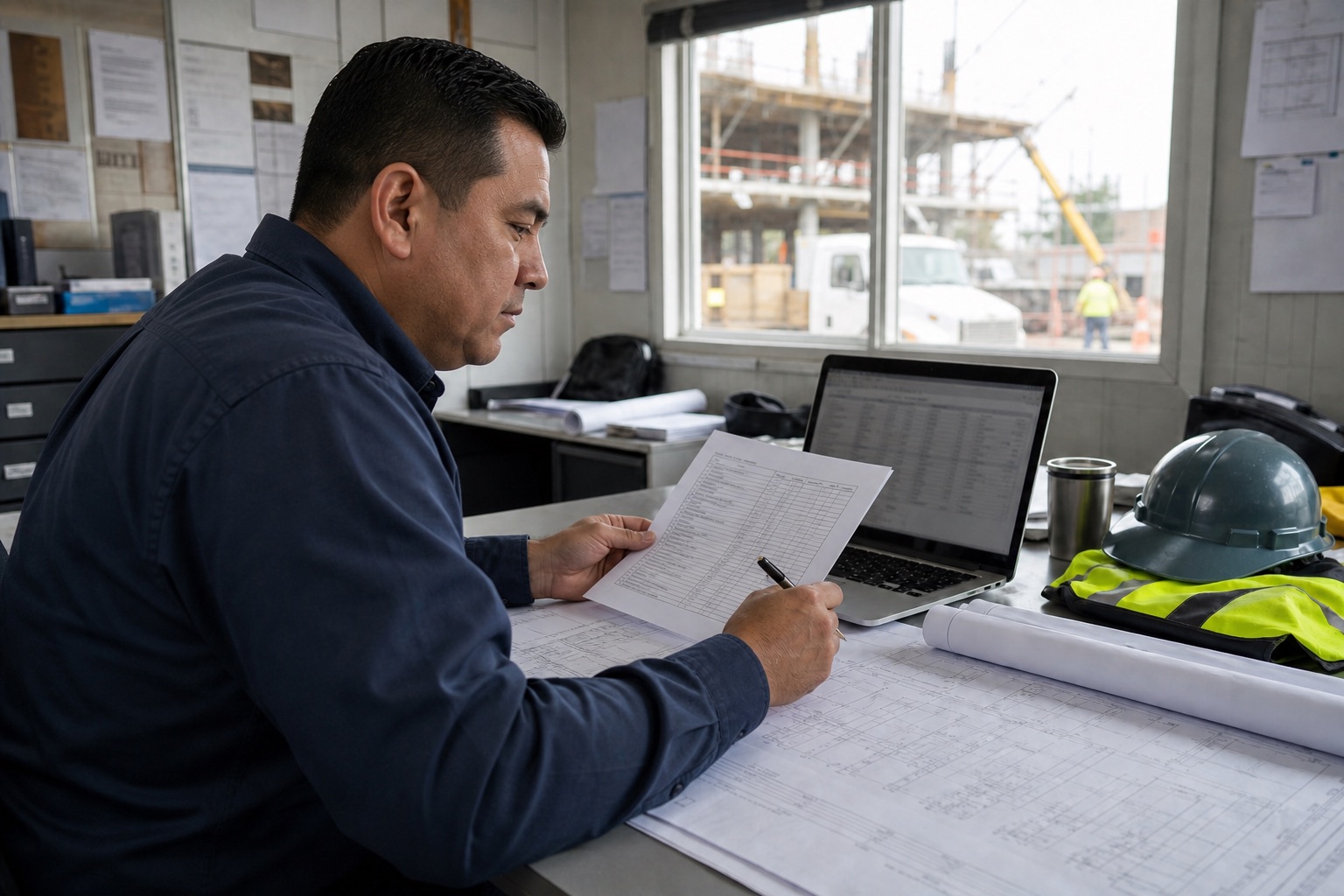 Construction project manager reviewing a change order and project records on a laptop.