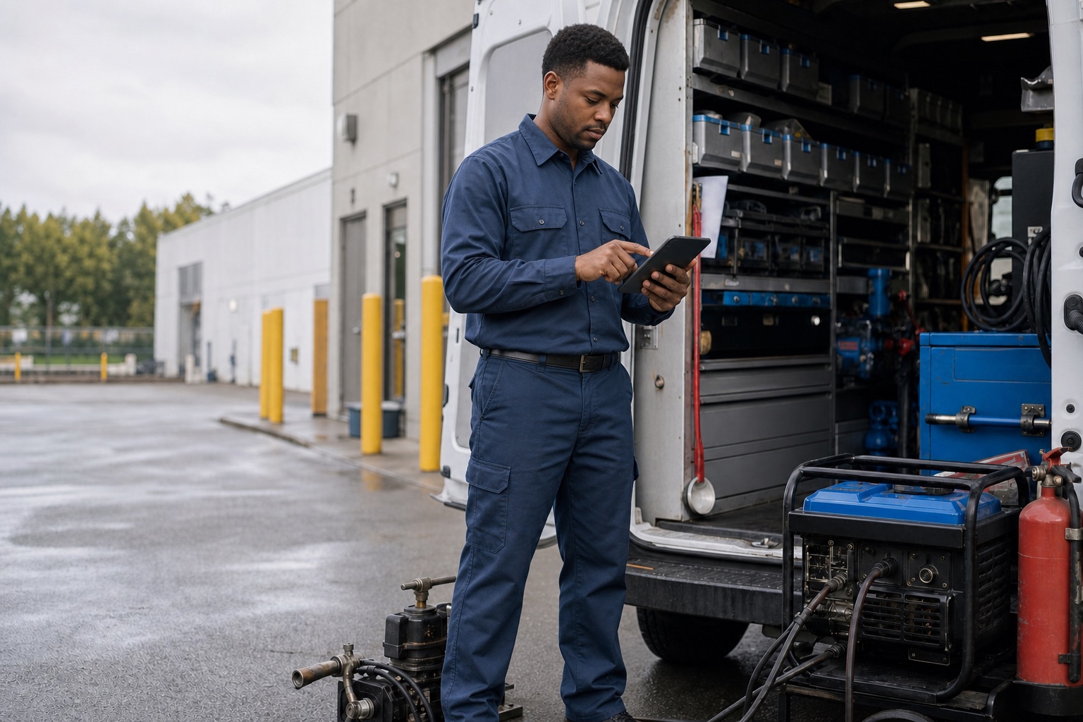 Field service technician using a mobile device beside an open service vehicle with organized parts and tools.