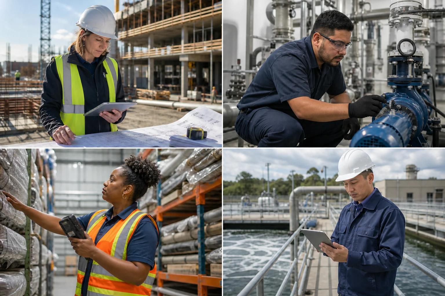 Four workplace scenes show construction, mechanical service, warehouse inventory, and municipal water operations.