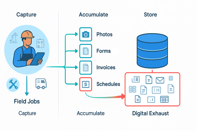 AI workflow for field service documentation: technician voice input converts to structured forms, photos, and PDF reports synced to database