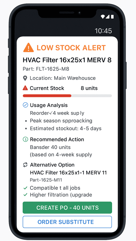 Predictive inventory management alert for field service parts AI-powered parts inventory alert showing low stock notification with recommended reorder quantity and substitute part suggestions for HVAC and plumbing contractors