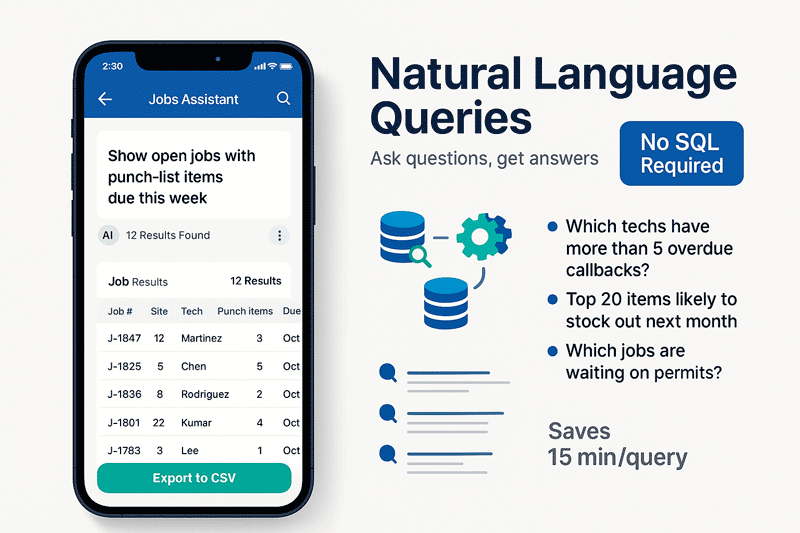 NL to SQL queries for HVAC and plumbing business data analysis Natural language to SQL query interface for field service management: mobile phone screenshot showing plain English question 'show overdue callbacks' returning live database table with technician assignments and job details