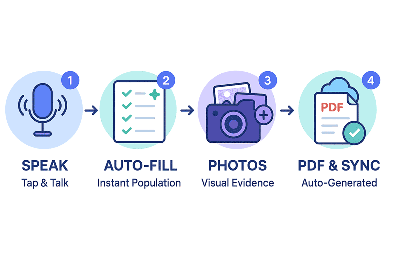On-device voice capture workflow for field technicians Four-step on-device voice capture process for field service reports: speak job details, auto-fill form fields, attach photos, generate PDF with offline sync capability