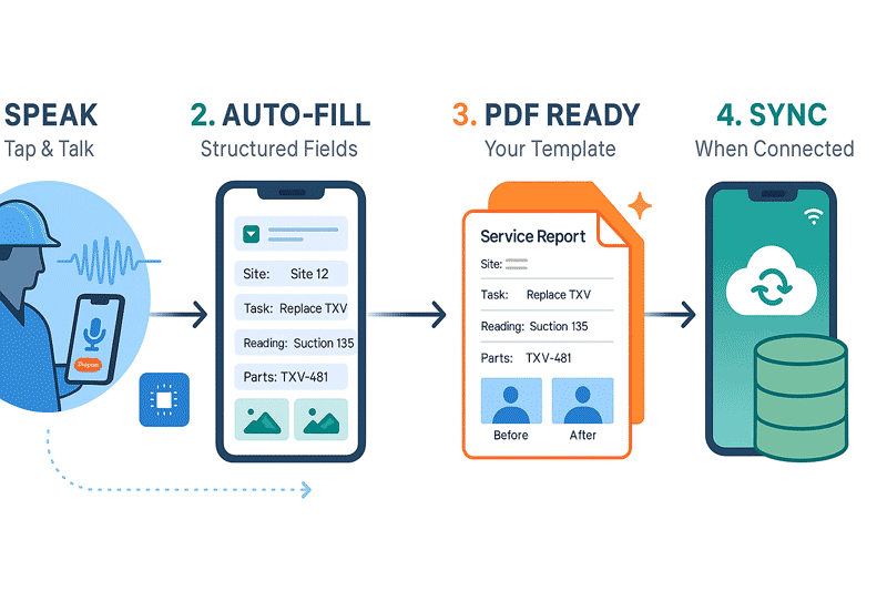 Voice-to-PDF workflow for HVAC, plumbing, and electrical field reports AI voice-to-PDF workflow for field service technicians: voice input converts to structured form fields, generates professional PDF reports, and syncs to field service management system