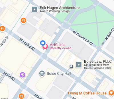 Map showing the BusinessForward office near Boise City Hall in downtown Boise.