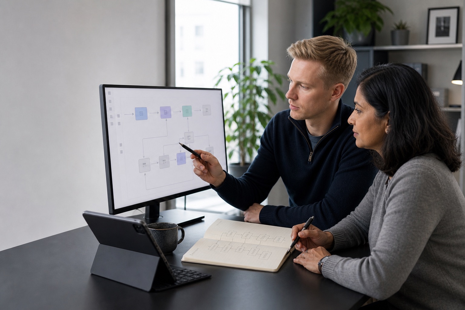 Consultant and operations leader mapping a workflow between business applications.