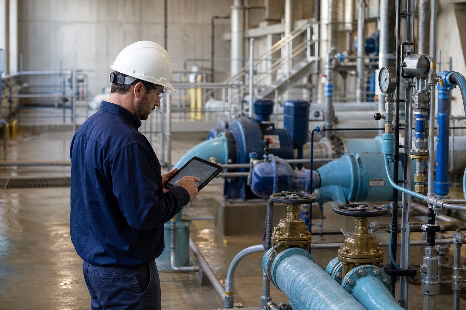 Municipal water operations technician using a tablet near pumps, valves, and treatment equipment.