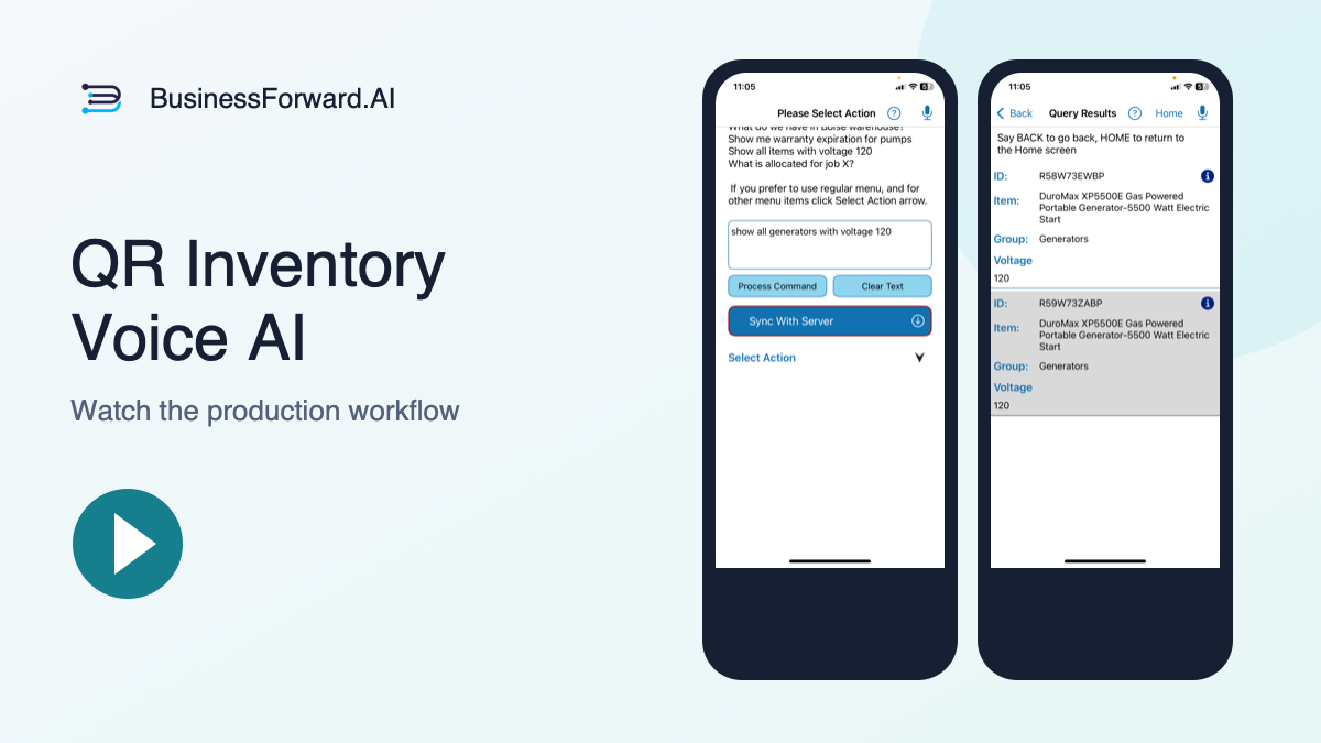 QR Inventory Voice AI video poster showing a spoken generator request and matching records.