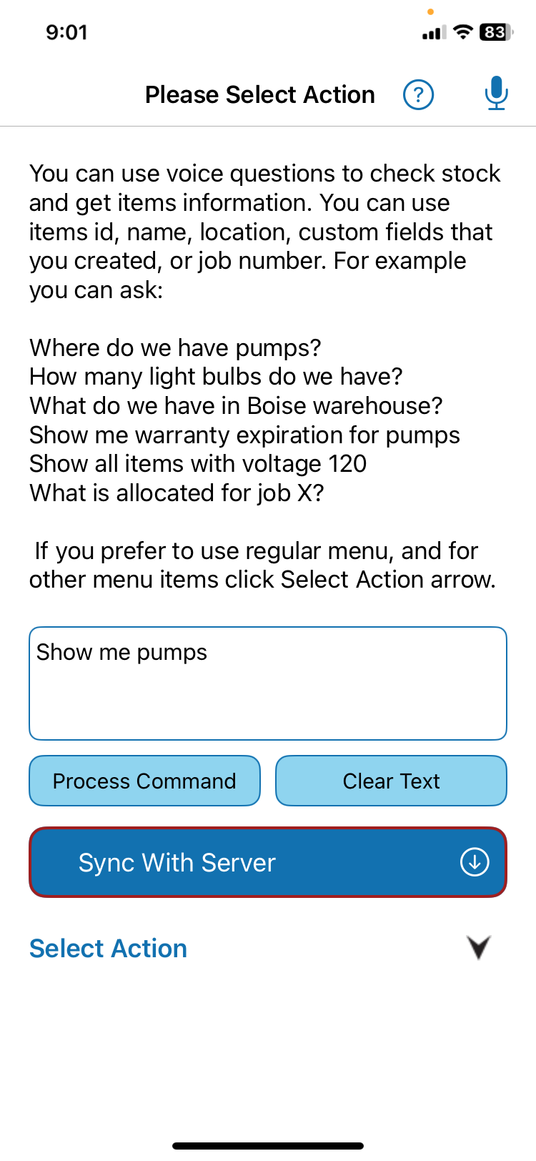 QR Inventory voice screen with the request Show me pumps ready to process.