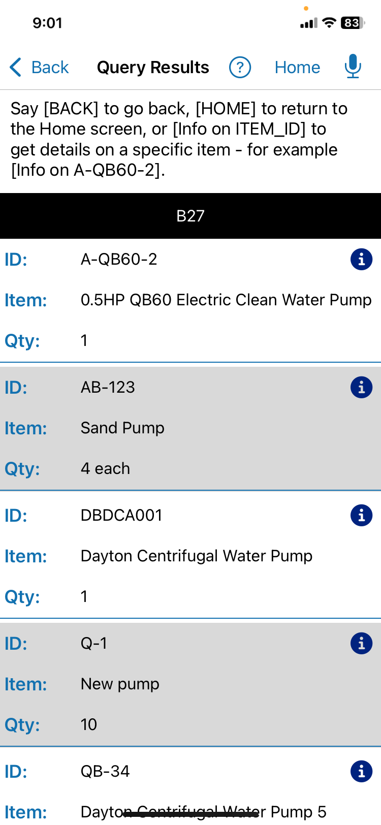QR Inventory query results listing matching pumps and their available quantities.