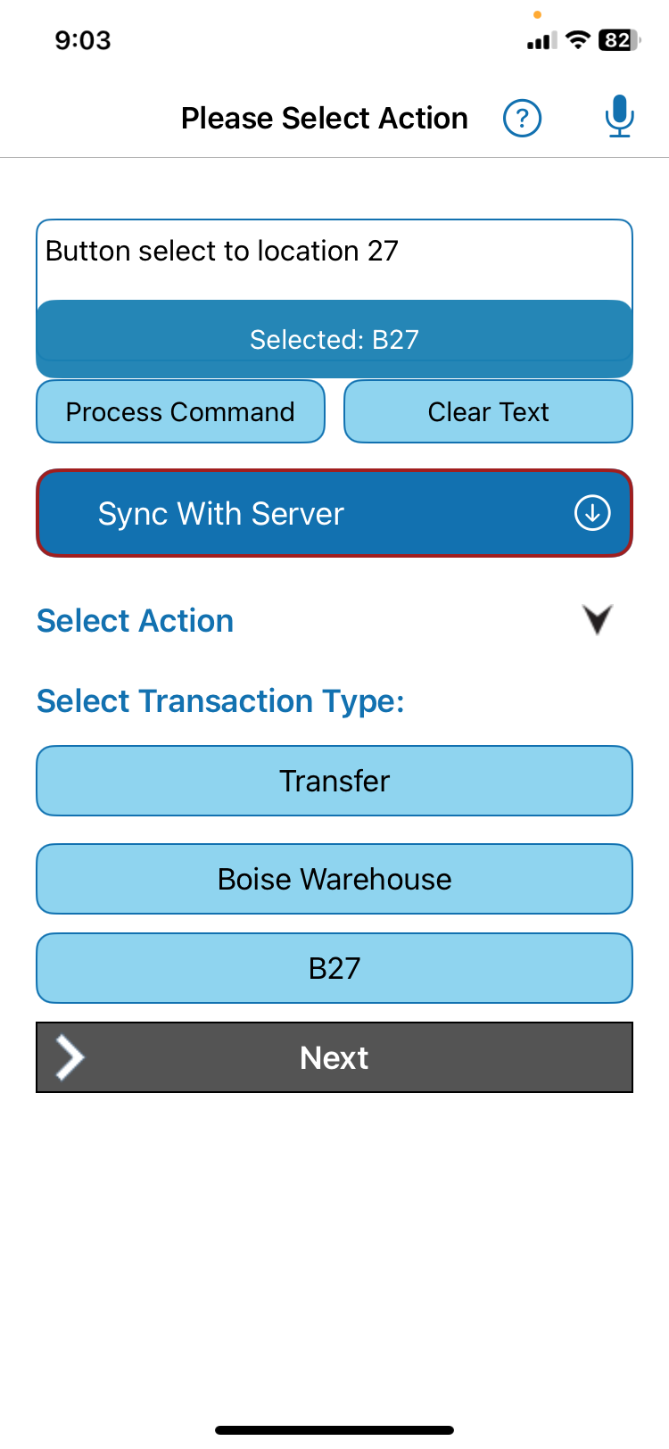 QR Inventory screen confirming the transaction details selected by voice.