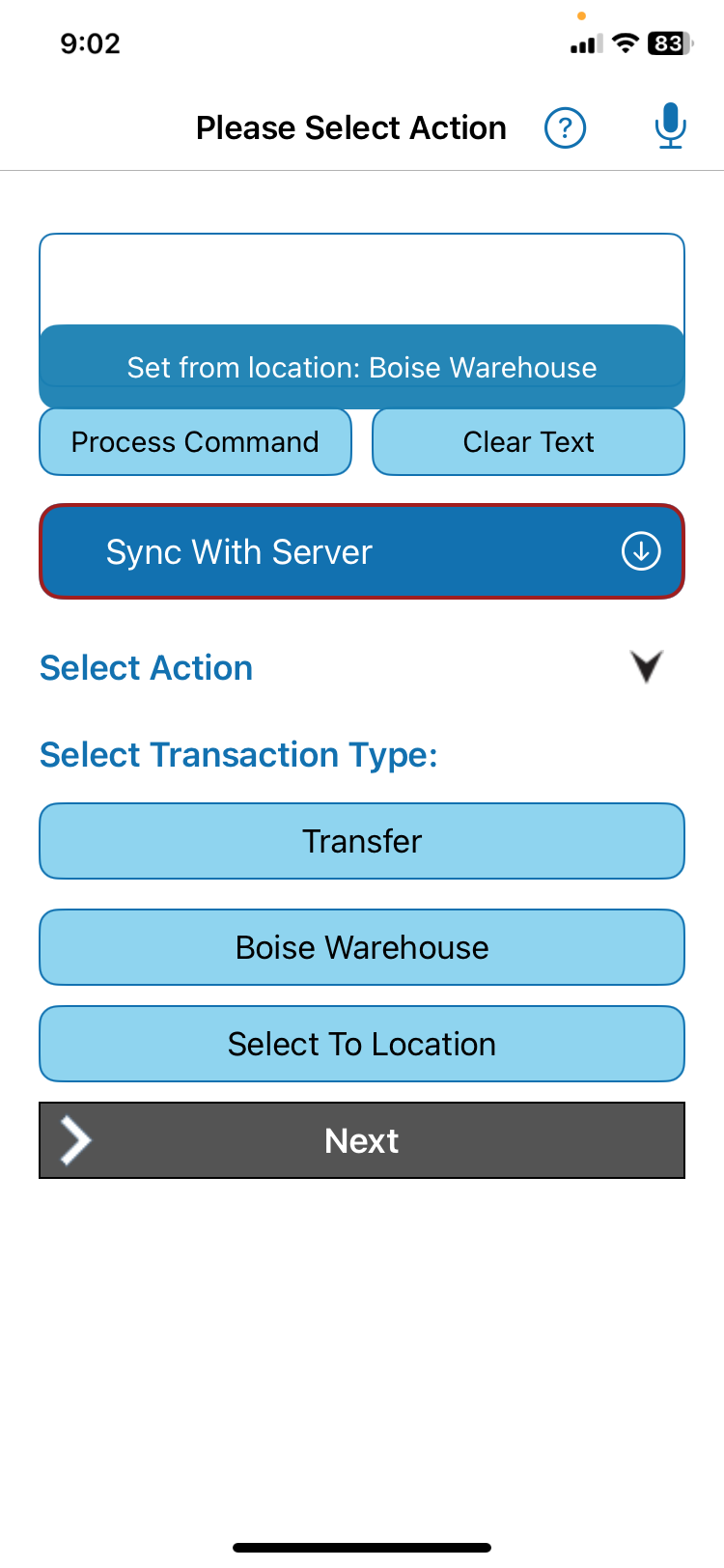 QR Inventory screen showing transaction parameters selected by voice.