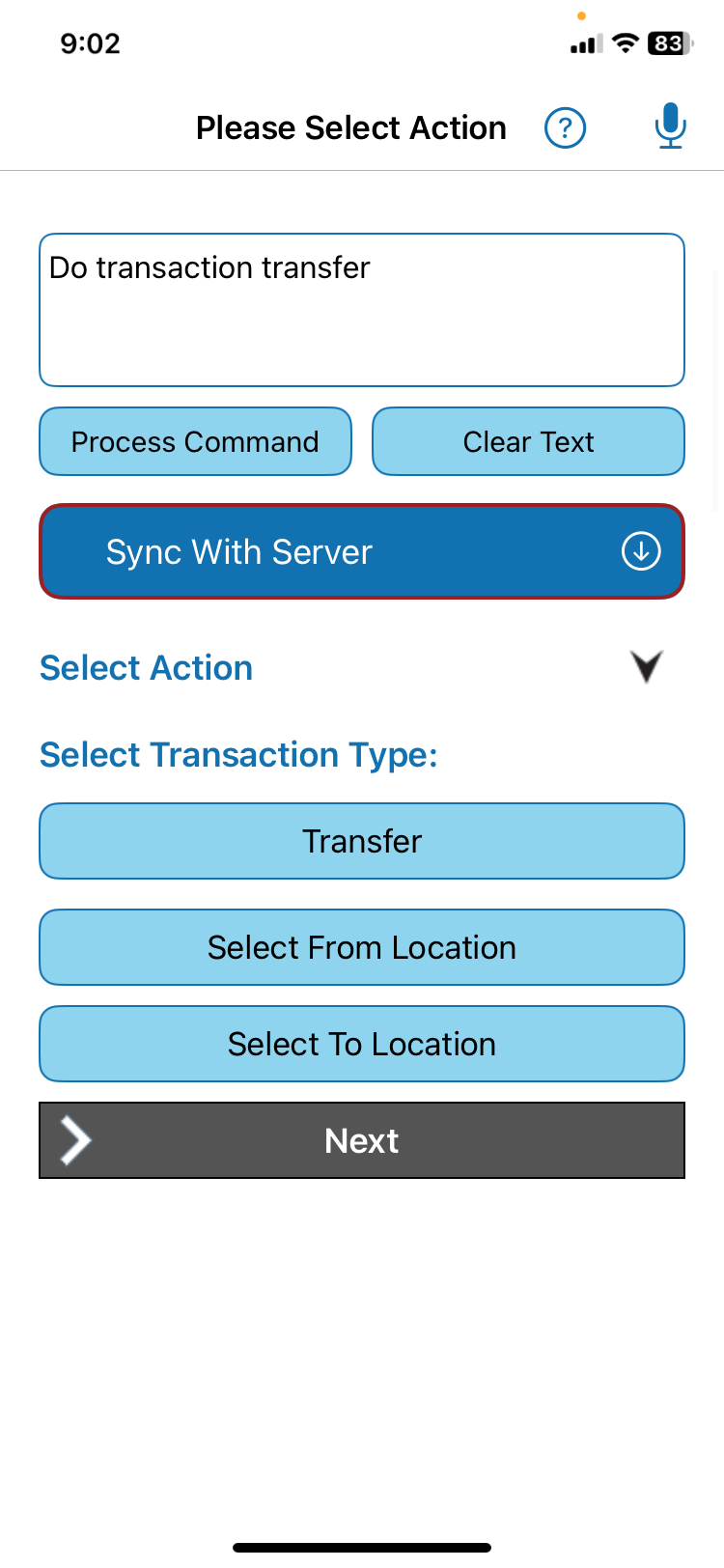 QR Inventory screen showing a user requesting a transaction by voice.