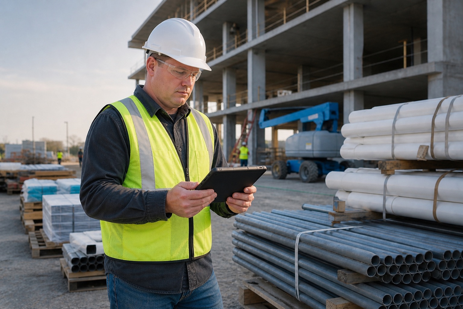 Construction supervisor using a tablet while checking materials at a commercial jobsite.